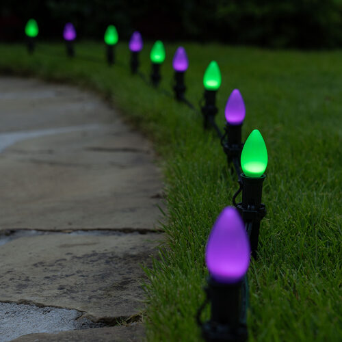 C7 Green / Purple Smooth OptiCore Halloween LED Pathway Lights, 50 Lights, 4.5 Inch Stakes, 50'