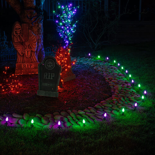 C7 Green / Purple Smooth OptiCore Halloween LED Pathway Lights, 50 Lights, 4.5 Inch Stakes, 50'