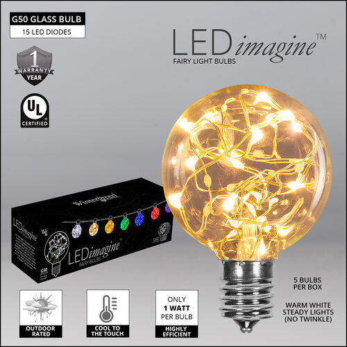 G50 Warm White LEDimagine TM Fairy Light Bulb Pathway Lights, 25 Lights, 7.5 Inch Stakes, 25'