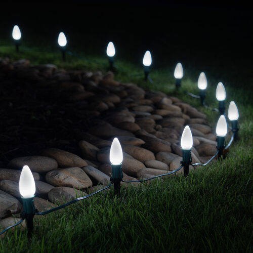 C9 Cool White Smooth OptiCore Christmas LED Pathway Lights, 25 Lights, 4.5 Inch Stakes, 25'