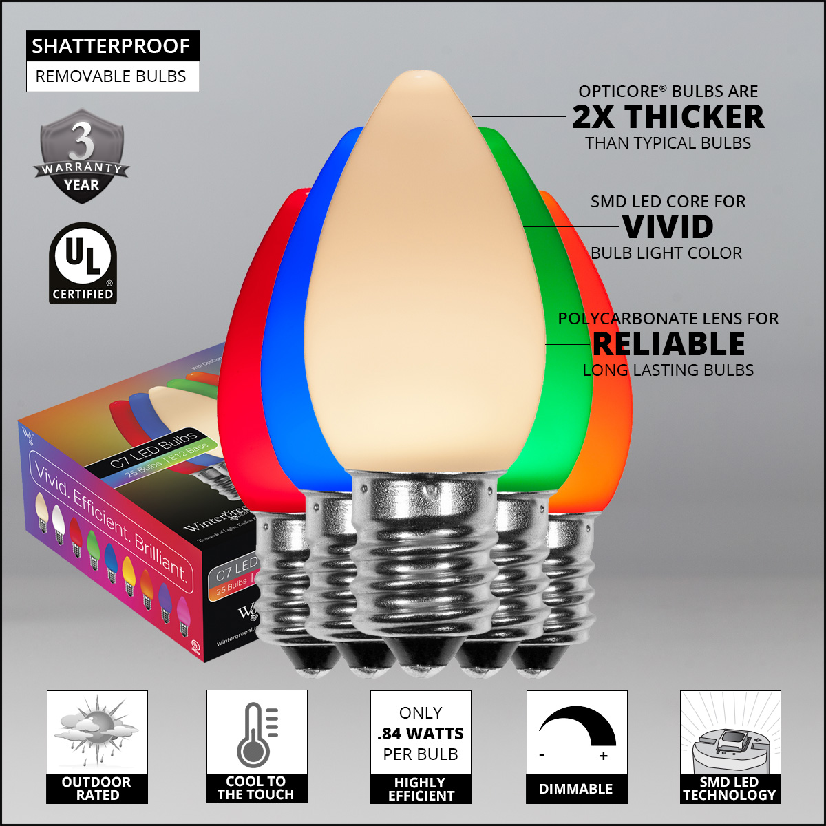 C7 120V Multicolor LED Replacement Bulbs Wintergreen Corporation