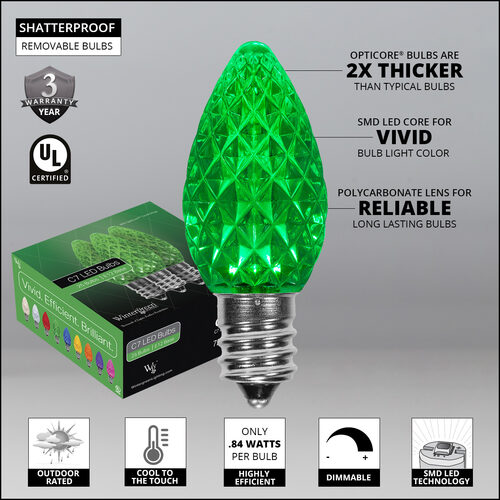 C7 Green OptiCore Commercial LED Christmas Lights, 25 Lights, 25'