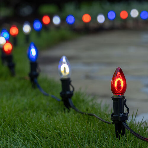 C7 Red / White / Blue FlexFilament Shatterproof Patriotic LED Pathway Lights, 15 Lights, 4.5 Inch Stakes, 15'