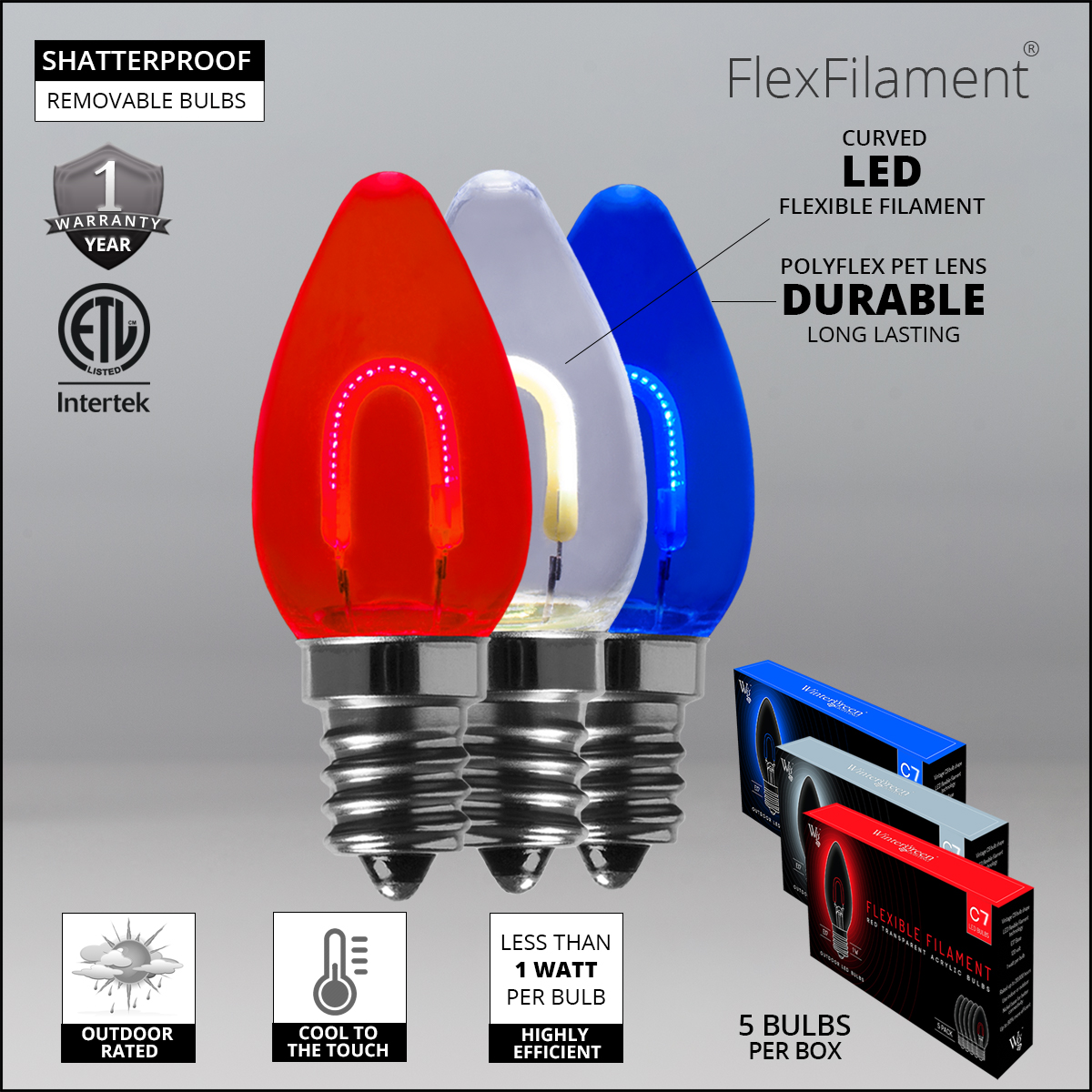 FlexFilament Lights - C9 Red / White / Blue Christmas LED Pathway