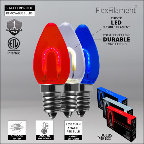 C7 Red / White / Blue FlexFilament Shatterproof Patriotic LED Pathway Lights, 15 Lights, 4.5 Inch Stakes, 15'