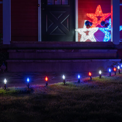 C9 Red / White / Blue FlexFilament Shatterproof Patriotic LED Pathway Lights, 15 Lights, 4.5 Inch Stakes, 15'