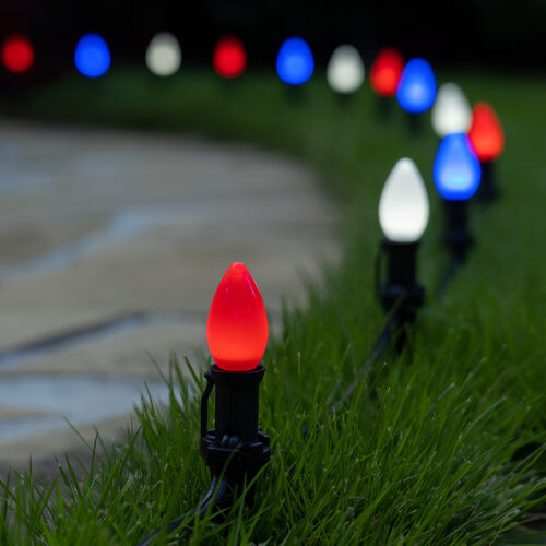 C7 Red / White / Blue Smooth OptiCore Patriotic LED Pathway Lights, 75 Lights, 4.5 Inch Stakes, 75'