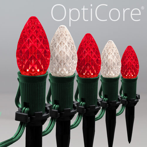 C7 Red / Warm White OptiCore Christmas LED Pathway Lights, 50 Lights, 4.5 Inch Stakes, 50'