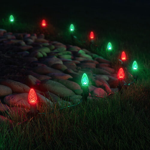 C7 Green / Red OptiCore Christmas LED Pathway Lights, 50 Lights, 4.5 Inch Stakes, 50'