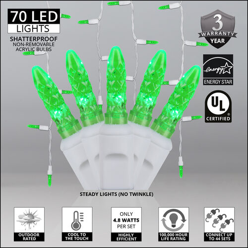 70 Green M5 LED Icicle Lights on White Wire
