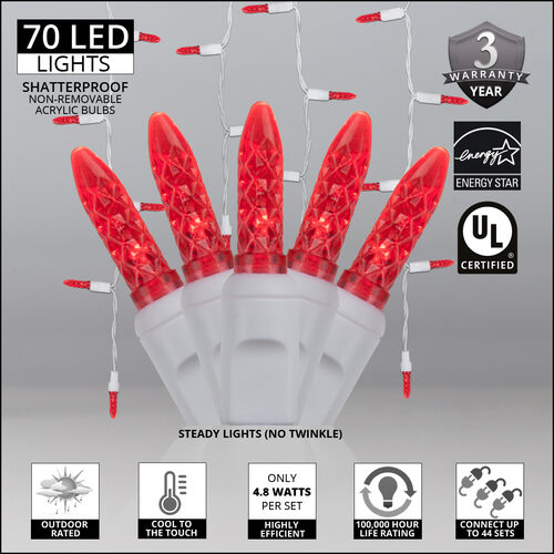 70 Red M5 LED Icicle Lights on White Wire