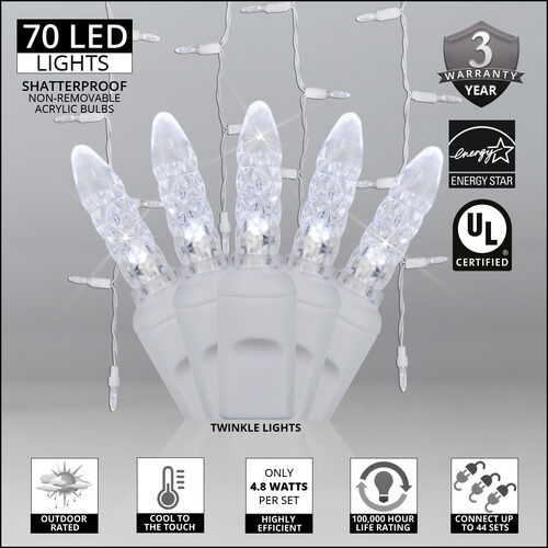 70 Cool White Twinkle M5 LED Icicle Lights on White Wire
