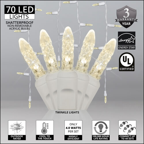 70 Warm White Twinkle M5 LED Icicle Lights on White Wire