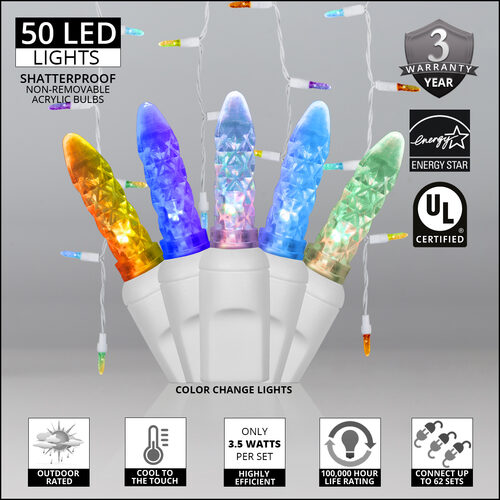 50 Multicolor Color Change M5 LED Icicle Lights on White Wire