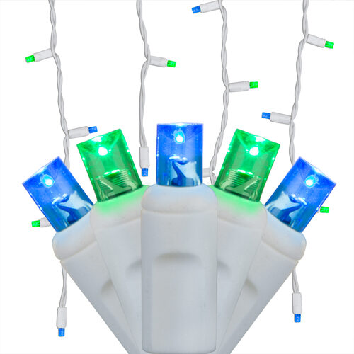 70 Blue, Green 5mm LED Icicle Lights on White Wire