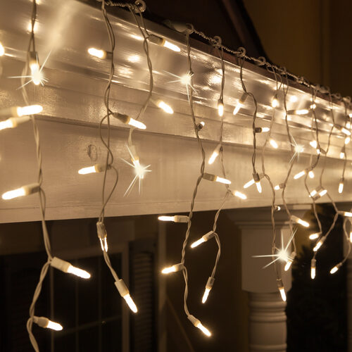 70 Warm White Twinkle M5 LED Icicle Lights on White Wire