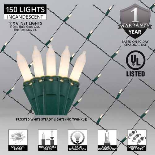 4' x 6' White Frost Mini Christmas Net Lights, 150 Lights on Green Wire