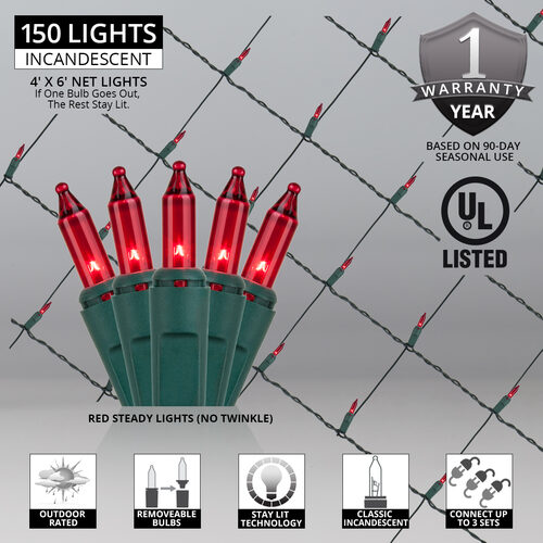 4' x 6' Red Mini Christmas Net Lights, 150 Lights on Green Wire