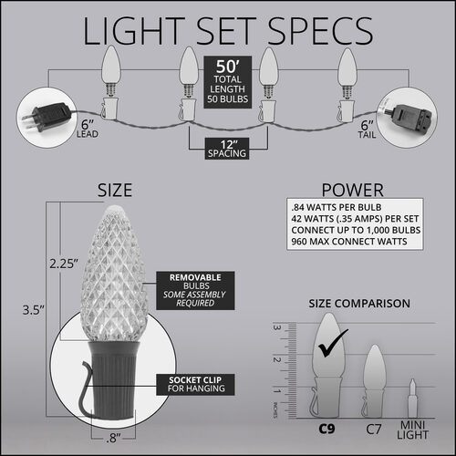 C9 Cool White / Red OptiCore Commercial LED Christmas Lights, 50 Lights, 50'