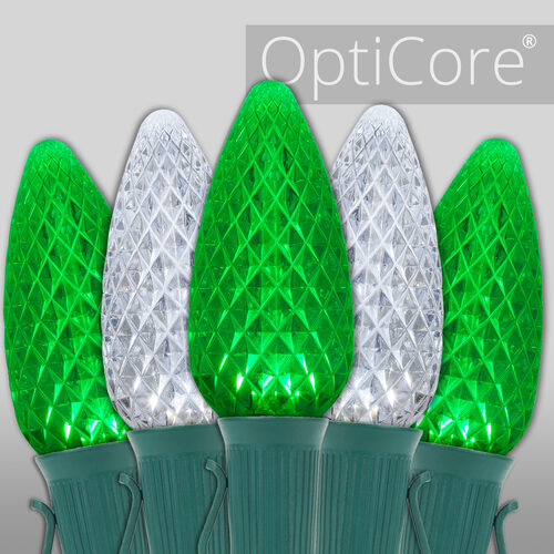 C9 Cool White / Green OptiCore Commercial LED Christmas Lights, 100 Lights, 100'
