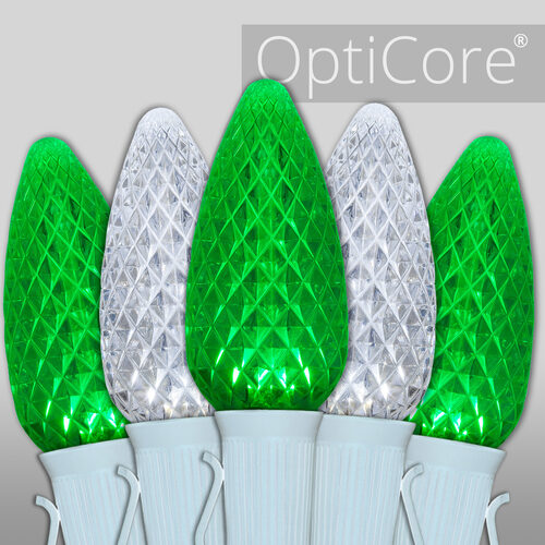 C9 Cool White / Green OptiCore Commercial LED Christmas Lights, 50 Lights, 50'