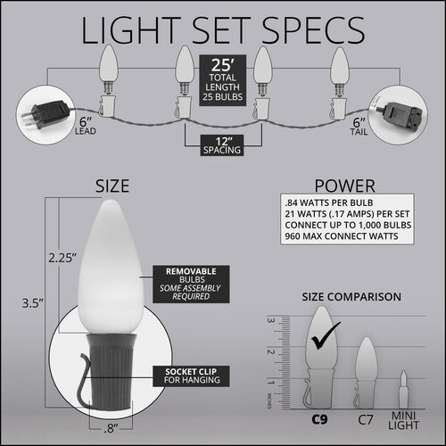 C9 Cool White Smooth OptiCore Commercial LED Christmas Lights, 25 Lights, 25'