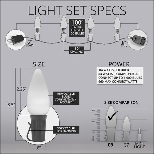 C9 Amber Smooth OptiCore Commercial LED Lights, 100 Lights, 100'