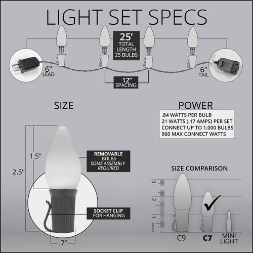 C7 Cool White Smooth OptiCore Commercial LED Christmas Lights, 25 Lights, 25'