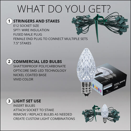C7 Cool White OptiCore Christmas LED Pathway Lights, 100 Lights, 7.5 Inch Stakes, 100'