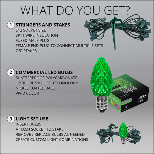 C7 Green OptiCore Christmas LED Pathway Lights, 100 Lights, 7.5 Inch Stakes, 100'