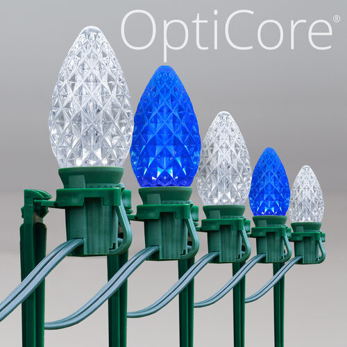 C7 Blue / Cool White OptiCore Christmas LED Pathway Lights, 100 Lights, 7.5 Inch Stakes, 100'