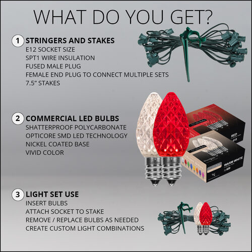 C7 Red / Warm White OptiCore Christmas LED Pathway Lights, 100 Lights, 7.5 Inch Stakes, 100'