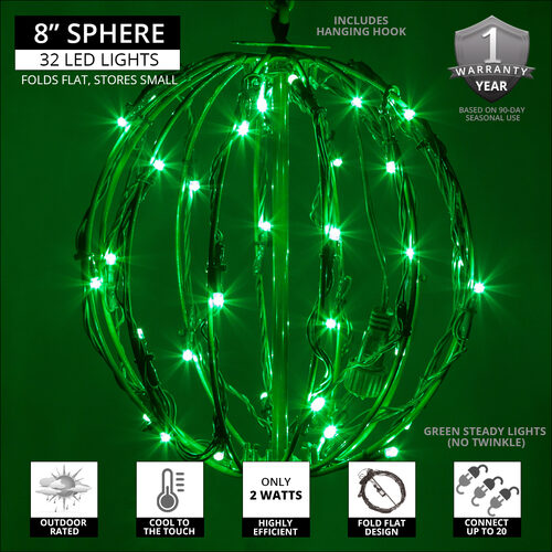 8" Green LED Light Ball, Fold Flat Green Frame