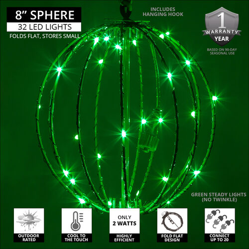 8" Green LED Fairy Light Ball, Fold Flat Green Frame