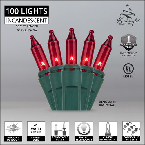 100 Red Mini Lights, Green Wire, 6" Spacing