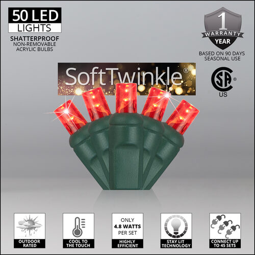 50 5mm Red SoftTwinkle TM LED Christmas Lights, Green Wire, 4" Spacing