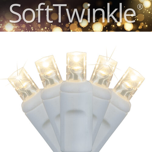 50 5mm Warm White SoftTwinkle TM LED Christmas Lights, White Wire, 4" Spacing