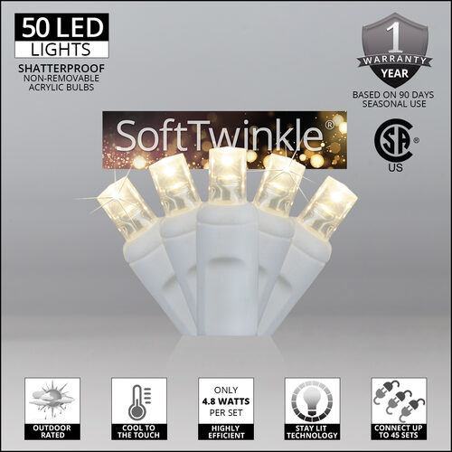 50 5mm Warm White SoftTwinkle TM LED Christmas Lights, White Wire, 4" Spacing