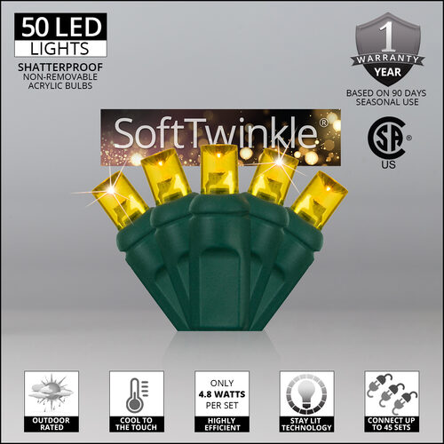 50 5mm Gold SoftTwinkle TM LED Christmas Lights, Green Wire, 4" Spacing