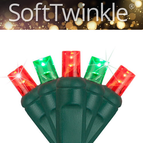 50 5mm Red, Green SoftTwinkle TM LED Christmas Lights, Green Wire, 4" Spacing