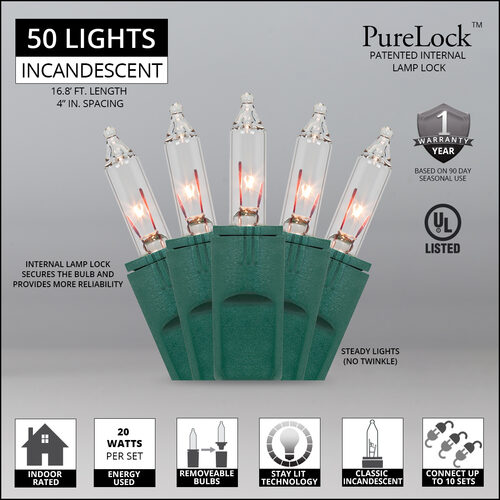 50 PureLock TM Clear Christmas Mini Lights, Green Wire, 4" Spacing