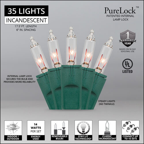 35 PureLock TM Clear Christmas Mini Lights, Green Wire, 6" Spacing