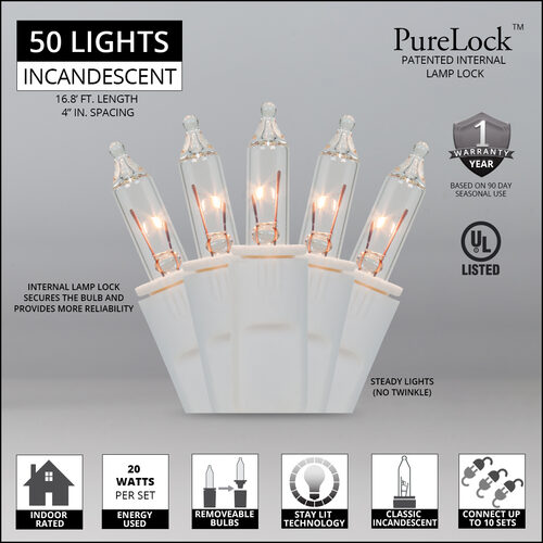 50 PureLock TM Clear Christmas Mini Lights, White Wire, 4" Spacing