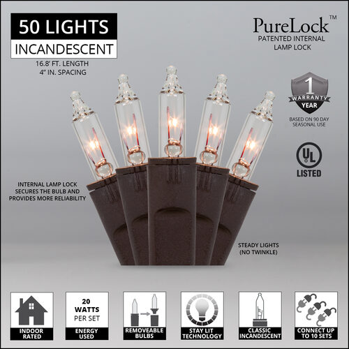 50 PureLock TM Clear Christmas Mini Lights, Brown Wire, 4" Spacing