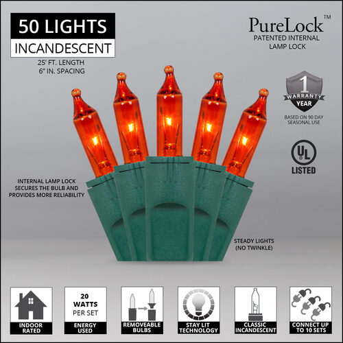 50 PureLock TM Amber / Orange Christmas Mini Lights, Green Wire, 6" Spacing