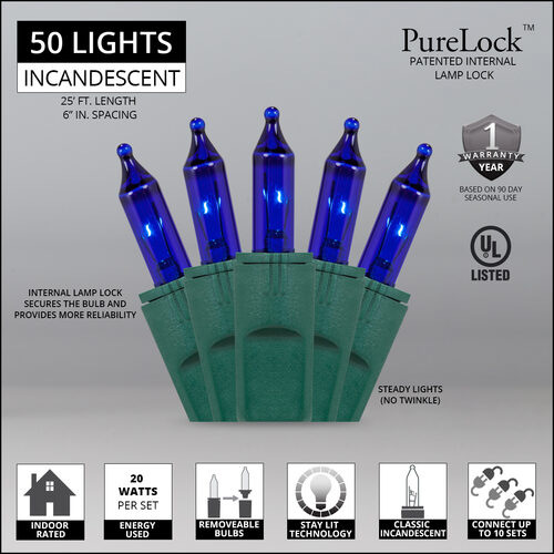 50 PureLock TM Blue Christmas Mini Lights, Green Wire, 6" Spacing