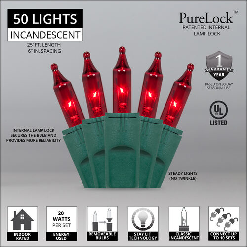 50 PureLock TM Red Christmas Mini Lights, Green Wire, 6" Spacing
