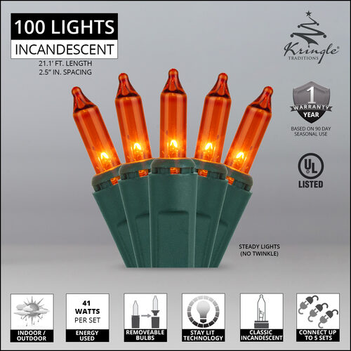 100 Amber / Orange Mini Lights, Green Wire, 2.5" Spacing