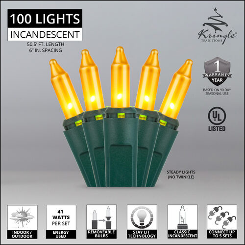100 Gold Frost Mini Lights, Green Wire, 6" Spacing