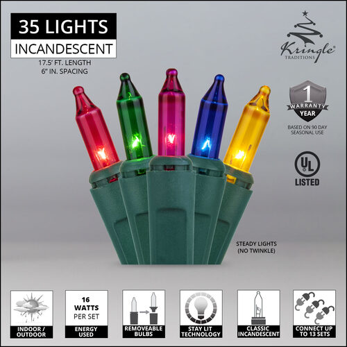 35 Multi Color Mini Lights, Green Wire, 6" Spacing